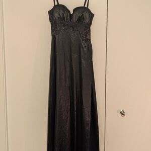 Black Satin Long Slip Dress with Lace Bodice